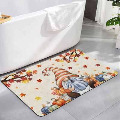 Fall Gnomes Bath Mat for Tub,Non Slip Bathroom Floor Runner Rug Quick Dry & Absorbent Diatomaceous Earth Kitchen Room Shower Sink Washable Doormat,Thanksgiving Pumpkin Autumn Maple Leaves 16"x24"
