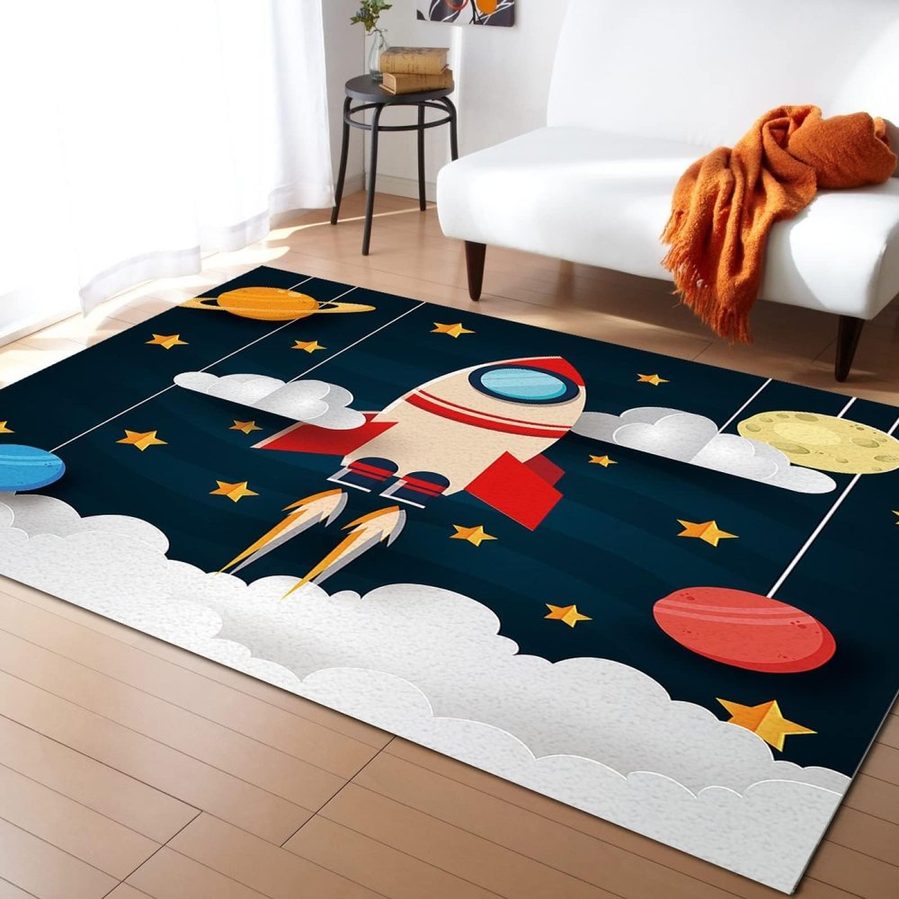 Cartoon Rocket Lift Off Area Rug, Cute Space Exploration Non Slip Easy Care Throw Kids Rugs, Breathable Durable Carpet for Indoor Bedroom Living Room Office Decor Rug - 3 ft x 4 ft