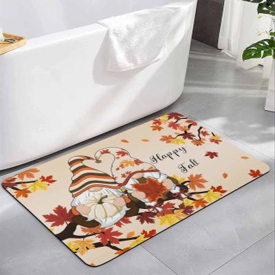 Pumpkin Gnomes Bath Mat for Tub,Non Slip Bathroom Floor Runner Rug Quick Dry & Absorbent Diatomaceous Earth Shower Sink Kitchen Living Room Washable Doormat,Fall Thanksgiving Maple Leaves 18"x30"