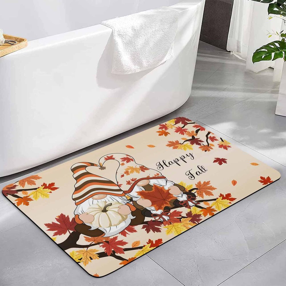 Pumpkin Gnomes Bath Mat for Tub,Non Slip Bathroom Floor Runner Rug Quick Dry & Absorbent Diatomaceous Earth Shower Sink Kitchen Living Room Washable Doormat,Fall Thanksgiving Maple Leaves 18"x30"