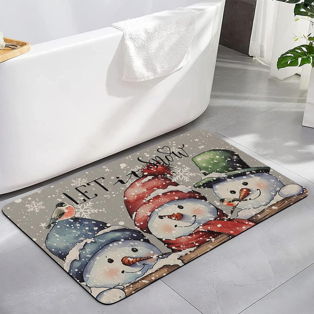 Christmas Bath Mat for Tub,Non Slip Bathroom Floor Runner Rug Quick Dry & Absorbent Diatomaceous Earth Kitchen Room Shower Sink Washable Doormat,Shabby Chic Farmhouse Snowman Winter Snowflake 20"x32"