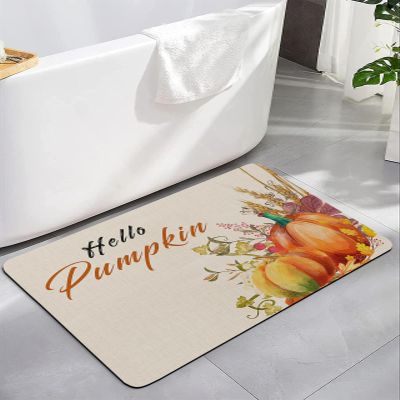 Hello Pumpkins Bath Mat for Tub,Non Slip Bathroom Floor Runner Rug Quick Dry & Absorbent Diatomaceous Earth Kitchen Room Shower Sink Washable Doormat,Country Rustic Fall Autumn Leaves Wheat 20"x32"