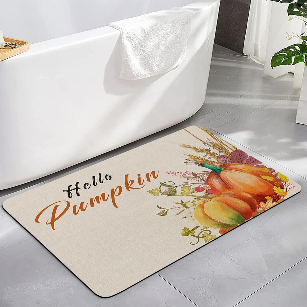 Hello Pumpkins Bath Mat for Tub,Non Slip Bathroom Floor Runner Rug Quick Dry & Absorbent Diatomaceous Earth Kitchen Room Shower Sink Washable Doormat,Country Rustic Fall Autumn Leaves Wheat 20"x32"