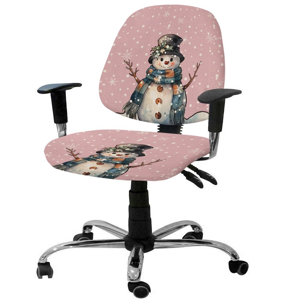 Blush Pink Snowma 2 Pieces Computer Office Chair Covers Set, Stretchable Desk Rotating Chair Seat Cushion Slipcover Back Covers, Decorative Protectors Cover Christmas Snowflake Buffalo Plaid Berry