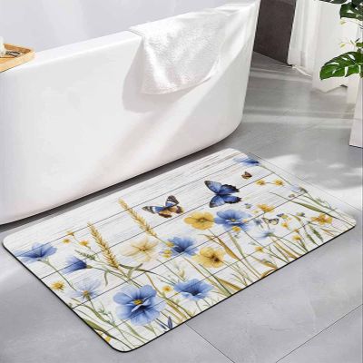 Butter-flt Flower Bath Mat for Tub,Non Slip Bathroom Floor Runner Rug Quick Dry & Absorbent Diatomaceous Earth Kitchen Room Shower Sink Washable Doormat,Autumn Leaves Blue Yellow Farmhouse 18"x30"