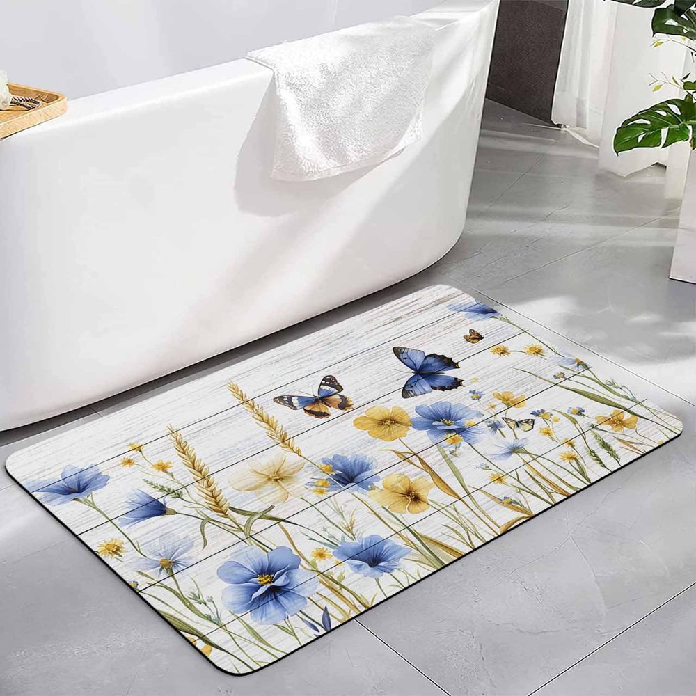 Butter-flt Flower Bath Mat for Tub,Non Slip Bathroom Floor Runner Rug Quick Dry & Absorbent Diatomaceous Earth Kitchen Room Shower Sink Washable Doormat,Autumn Leaves Blue Yellow Farmhouse 18"x30"