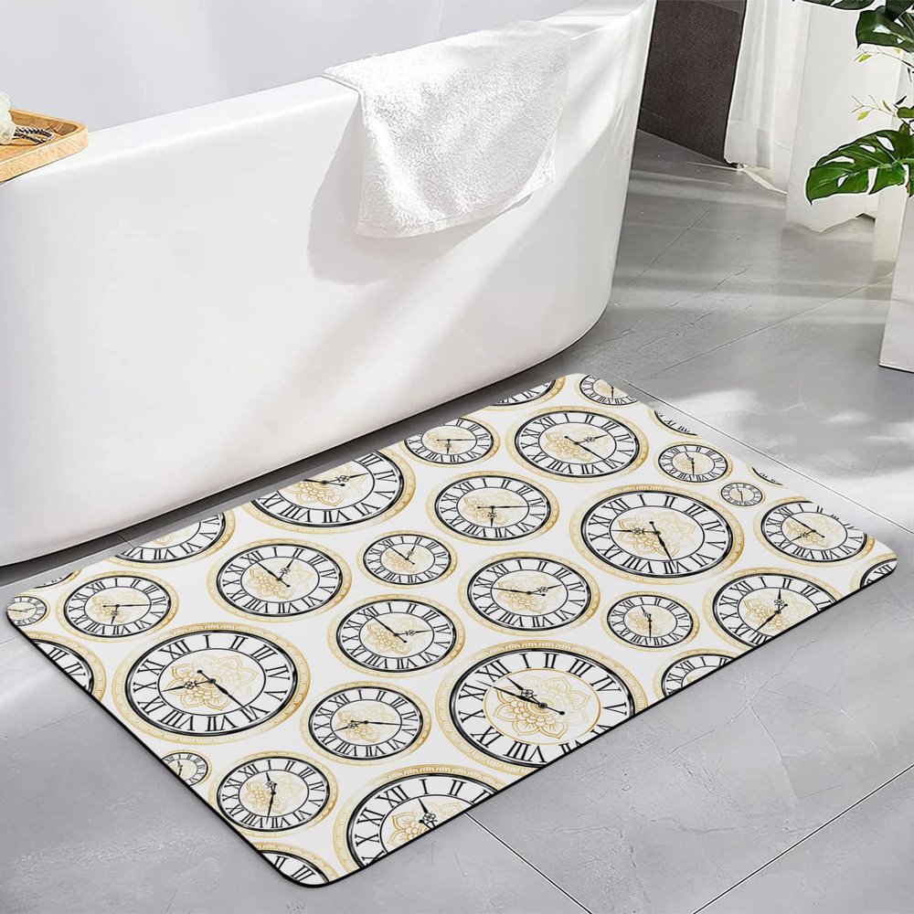 Clock Floral Bath Mat for Tub,Non Slip Bathroom Floor Runner Rug Quick Dry & Absorbent Diatomaceous Earth Kitchen Room Shower Sink Washable Doormat,Classic Luxurious Gold Modern Geometric 20"x32"