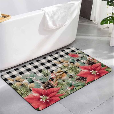 Christmas Bath Mat for Tub,Non Slip Bathroom Floor Runner Rug Quick Dry & Absorbent Diatomaceous Earth Kitchen Room Shower Sink Washable Doormat,Retro Black Plaid Christmas Poinsettia Pine 24"x36"