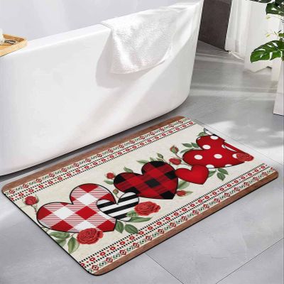 Boho Valentine's Bath Mat for Tub,Non Slip Bathroom Floor Runner Rug Quick Dry & Absorbent Diatomaceous Earth Kitchen Room Shower Sink Washable Doormat,Saint Love Heart Buffalo Plaid Rose 16"x24"