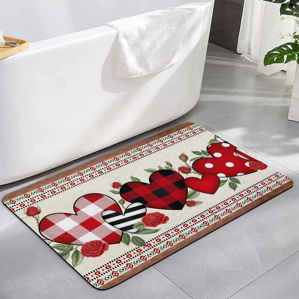 Boho Valentine's Bath Mat for Tub,Non Slip Bathroom Floor Runner Rug Quick Dry & Absorbent Diatomaceous Earth Kitchen Room Shower Sink Washable Doormat,Saint Love Heart Buffalo Plaid Rose 16"x24"