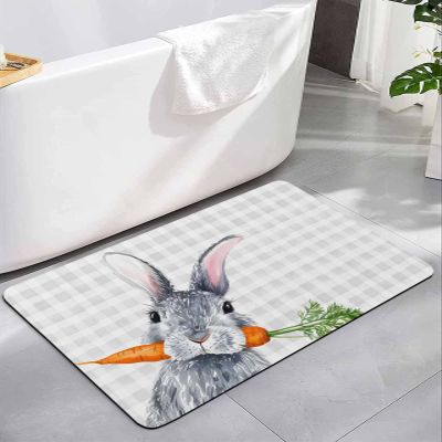 Cute Bunny Bath Mat for Tub,Non Slip Bathroom Floor Runner Rug Quick Dry & Absorbent Diatomaceous Earth Shower Sink Kitchen Living Room Washable Doormat,Easter Carrot Watercolor Plaid Check 20"x32"
