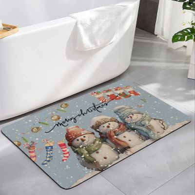 Christmas Snowman Bath Mat for Tub,Non Slip Bathroom Floor Runner Rug Quick Dry & Absorbent Diatomaceous Earth Shower Sink Kitchen Living Room Washable Doormat,Winter Snowflake Dusty Blue 18"x30"