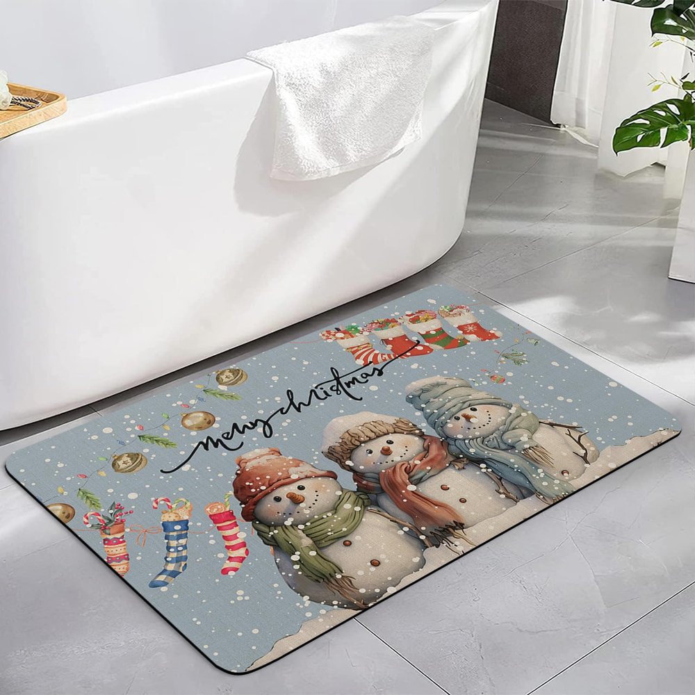 Christmas Snowman Bath Mat for Tub,Non Slip Bathroom Floor Runner Rug Quick Dry & Absorbent Diatomaceous Earth Shower Sink Kitchen Living Room Washable Doormat,Winter Snowflake Dusty Blue 18"x30"