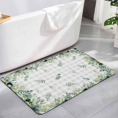 Eucalyptus Plaid Bath Mat for Tub,Non Slip Bathroom Floor Runner Rug Quick Dry & Absorbent Diatomaceous Earth Kitchen Shower Sink Washable Doormat,Country Rustic Watercolor Floral Grey Lattice 16"x24"