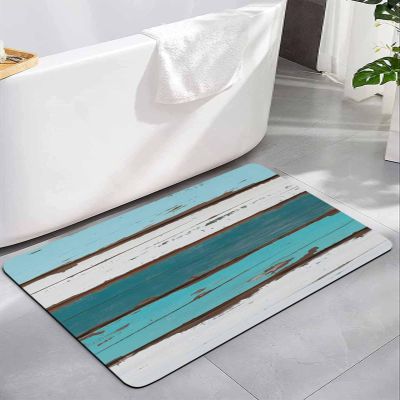 Country French Bath Mat for Tub,Non Slip Bathroom Floor Runner Rug Quick Dry & Absorbent Diatomaceous Earth Kitchen Shower Sink Washable Doormat,Farmhouse Vintage Wooden Gain Blue Green White 16"x24"