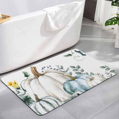 Teal Pumpkins Bath Mat for Tub,Non Slip Bathroom Floor Runner Rug Quick Dry & Absorbent Diatomaceous Earth Shower Sink Washable Doormat,Fall Thanksgiving Eucalyptus Leaves Flower Watercolor 18"x30"