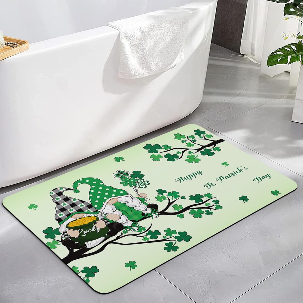 St. Patrick's Day Bath Mat for Tub,Non Slip Bathroom Floor Runner Rug Quick Dry & Absorbent Diatomaceous Earth Shower Sink Kitchen Living Room Washable Doormat,Shamrock Gnomes Clover Coin 18"x30"