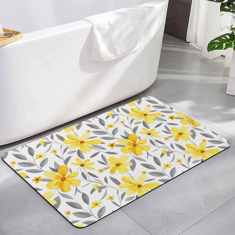 Yellow Grey Flower Bath Mat for Tub,Non Slip Bathroom Floor Runner Rug Quick Dry & Absorbent Diatomaceous Earth Shower Sink Washable Doormat,Abstract Aesthetics Country Rustic Chic Floral 16"x24"