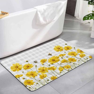Bee Flower Bath Mat for Tub,Non Slip Bathroom Floor Runner Rug Quick Dry & Absorbent Diatomaceous Earth Kitchen Shower Sink Washable Doormat,Yellow Floral Spring Botanical Plant Plaid Grey 20"x32"