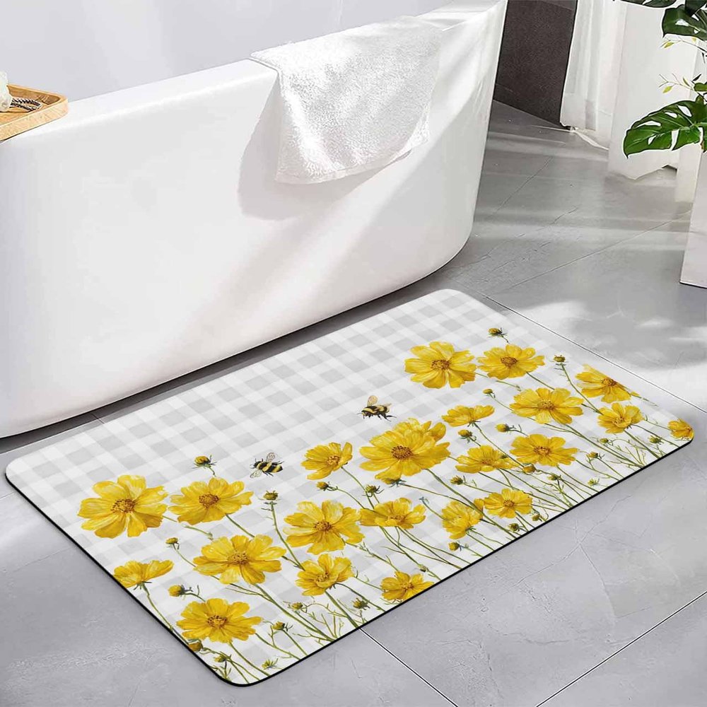 Bee Flower Bath Mat for Tub,Non Slip Bathroom Floor Runner Rug Quick Dry & Absorbent Diatomaceous Earth Kitchen Shower Sink Washable Doormat,Yellow Floral Spring Botanical Plant Plaid Grey 20"x32"