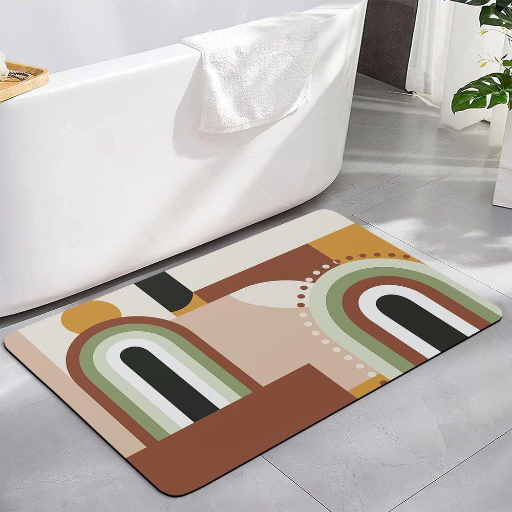 Abstract Modern Bath Mat for Tub,Non Slip Bathroom Floor Runner Rug Quick Dry & Absorbent Diatomaceous Earth Kitchen Room Shower Sink Washable Doormat,Farmhouse Brown Geometric Middle Century 20"x32"