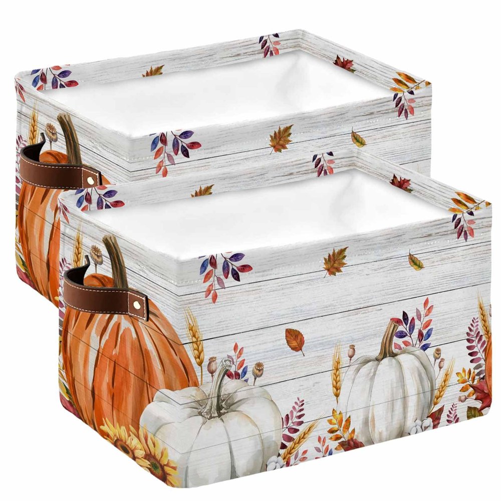 Fall Thanksgiving Large Storage Baskets Bins Maple Leaf Orange Gray Pumpkin Retro Wooden Collapsible Storage Box Laundry Organizer for Closet Shelf Nursery Kids Bedroom 15x11x9.5 2 Pack