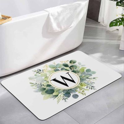 Aesthetic Eucalyptus Bath Mat for Tub,Non Slip Bathroom Floor Runner Rug Quick Dry & Absorbent Diatomaceous Earth Shower Sink Kitchen Living Room Washable Doormat,Monogrammed W Farm Flower 16"x24"
