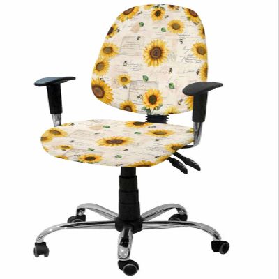 Farmhouse Sunflowers Office Chair Cover Stretchable Computer Chair Seat Cover Backrest Slipcovers, Spring Bee Blooming Floral Black Stretchable Rotating Desk Chair Seat Cushion Split Protectors