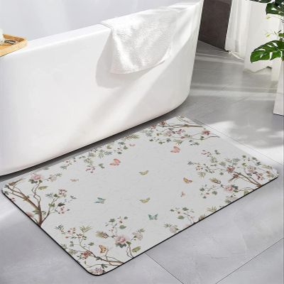 Flower Tree Bath Mat for Tub,Non Slip Bathroom Floor Runner Rug Quick Dry & Absorbent Diatomaceous Earth Kitchen Room Shower Sink Washable Doormat,Vintage Plant Leaves Elegant Butter-fly 24"x36"