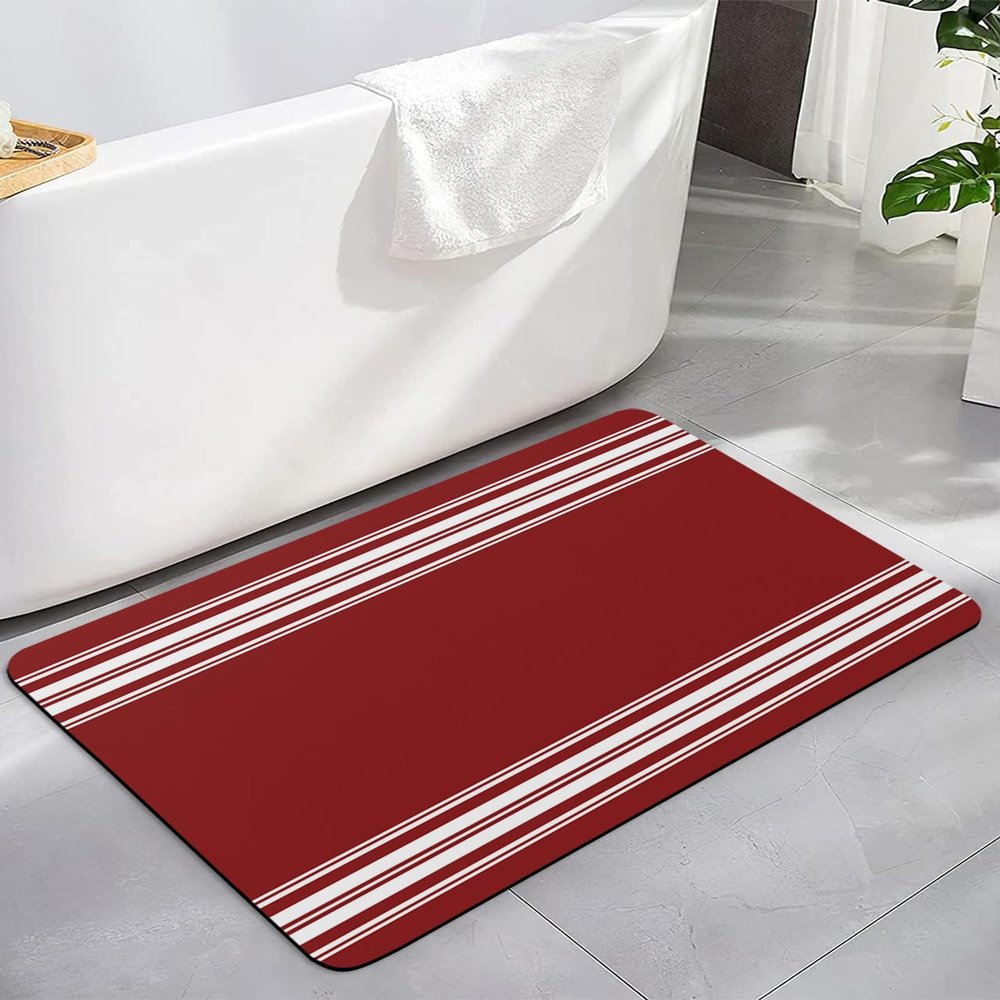Abstract Farmhouse Stripes Bath Mat for Tub,Non Slip Bathroom Floor Runner Rug Quick Dry & Absorbent Diatomaceous Earth Kitchen Room Shower Sink Washable Doormat,Geometric Burgundy Red White 24"x36"