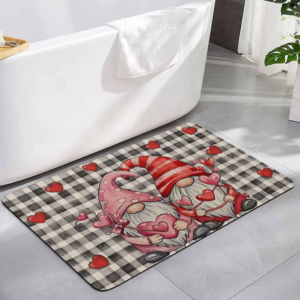 Love Gnomes Bath Mat for Tub,Non Slip Bathroom Floor Runner Rug Quick Dry & Absorbent Diatomaceous Earth Shower Sink Kitchen Living Room Washable Doormat,Valentine's Day Black White Lattice 18"x30"