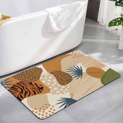 Abstract Boho Bath Mat for Tub,Non Slip Bathroom Floor Runner Rug Quick Dry & Absorbent Diatomaceous Earth Kitchen Shower Sink Washable Doormat,Vintage Leopard Tiger Plants Geometric Leaves 20"x32"