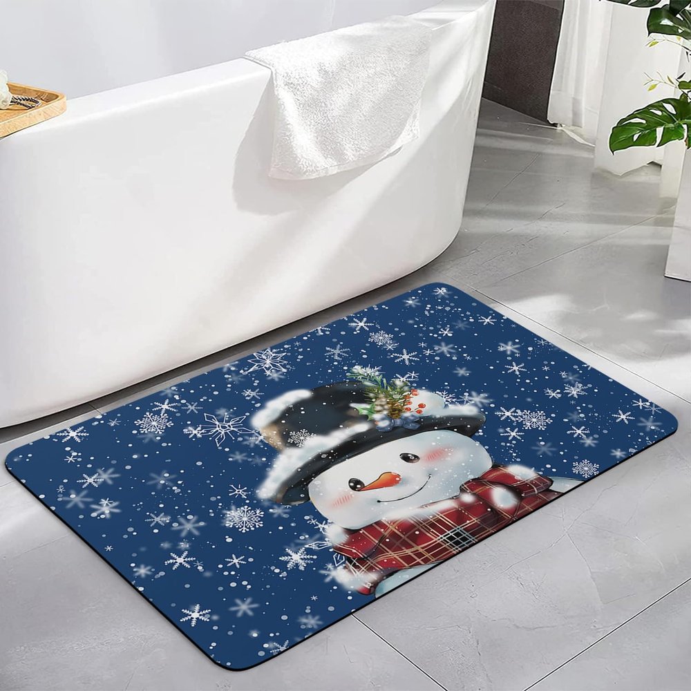 Christmas Bath Mat for Tub,Non Slip Bathroom Floor Runner Rug Quick Dry & Absorbent Diatomaceous Earth Kitchen Room Shower Sink Washable Doormat,Winter Blue Snowman Snowflake Pine Berry Plaid 16"x24"