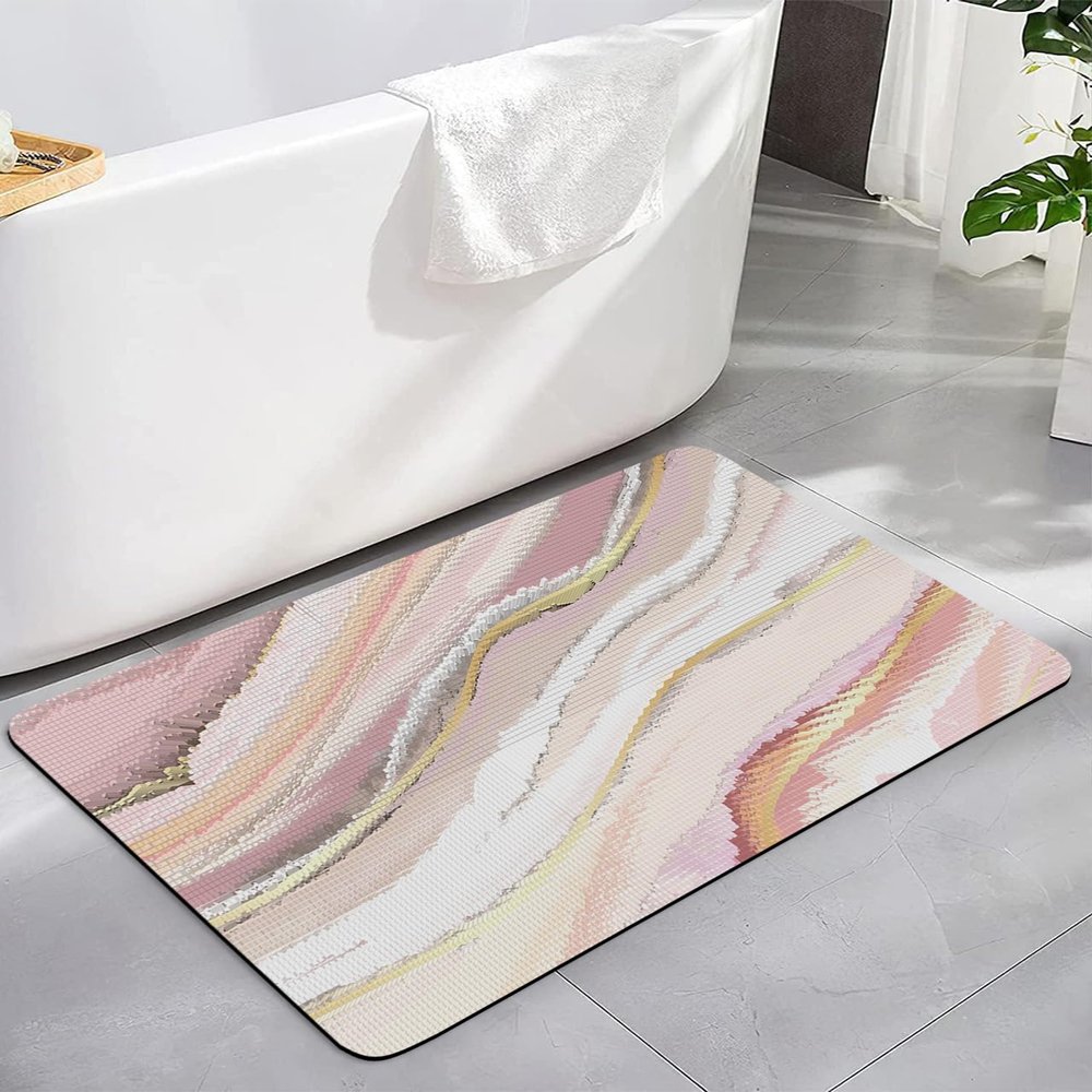 Geometric Marble Bath Mat for Tub,Non Slip Bathroom Floor Runner Rug Quick Dry & Absorbent Diatomaceous Earth Kitchen Room Shower Sink Washable Doormat,Abstract Minimalist Ombre Pink Marbling 20"x32"