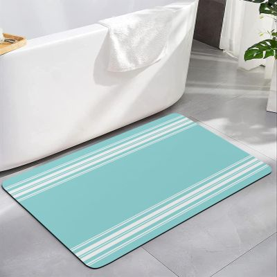 Aqua Geometric Bath Mat for Tub,Non Slip Bathroom Floor Runner Rug Quick Dry & Absorbent Diatomaceous Earth Kitchen Room Shower Sink Washable Doormat,Modern Abstract Farmhouse White Stripes 18"x30"