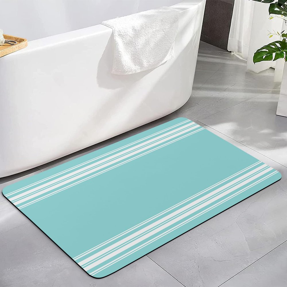 Aqua Geometric Bath Mat for Tub,Non Slip Bathroom Floor Runner Rug Quick Dry & Absorbent Diatomaceous Earth Kitchen Room Shower Sink Washable Doormat,Modern Abstract Farmhouse White Stripes 18"x30"