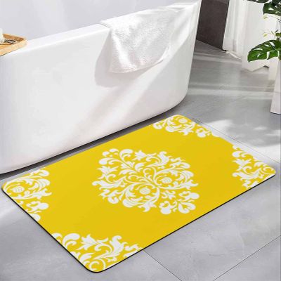 Yellow Floral Bath Mat for Tub,Non Slip Bathroom Floor Runner Rug Quick Dry & Absorbent Diatomaceous Earth Shower Sink Kitchen Living Room Washable Doormat,Luxurious Classical European Flower 20"x32"