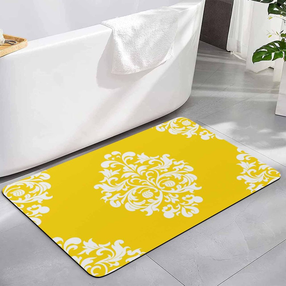 Yellow Floral Bath Mat for Tub,Non Slip Bathroom Floor Runner Rug Quick Dry & Absorbent Diatomaceous Earth Shower Sink Kitchen Living Room Washable Doormat,Luxurious Classical European Flower 20"x32"