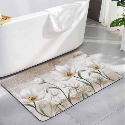 Elegant Teal Tulip Bath Mat for Tub,Non Slip Bathroom Floor Runner Rug Quick Dry & Absorbent Diatomaceous Earth Shower Sink Washable Doormat,Brown White Spring Flower Floral Aesthetic Leaves 24"x36"