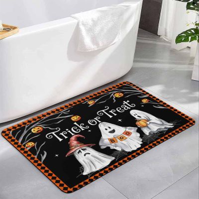 Halloween Bath Mat for Tub,Non Slip Bathroom Floor Runner Rug Quick Dry & Absorbent Diatomaceous Earth Kitchen Shower Sink Washable Doormat,Black Orange Ghost Plaid Checkered Skull Pumpkins 20"x32"