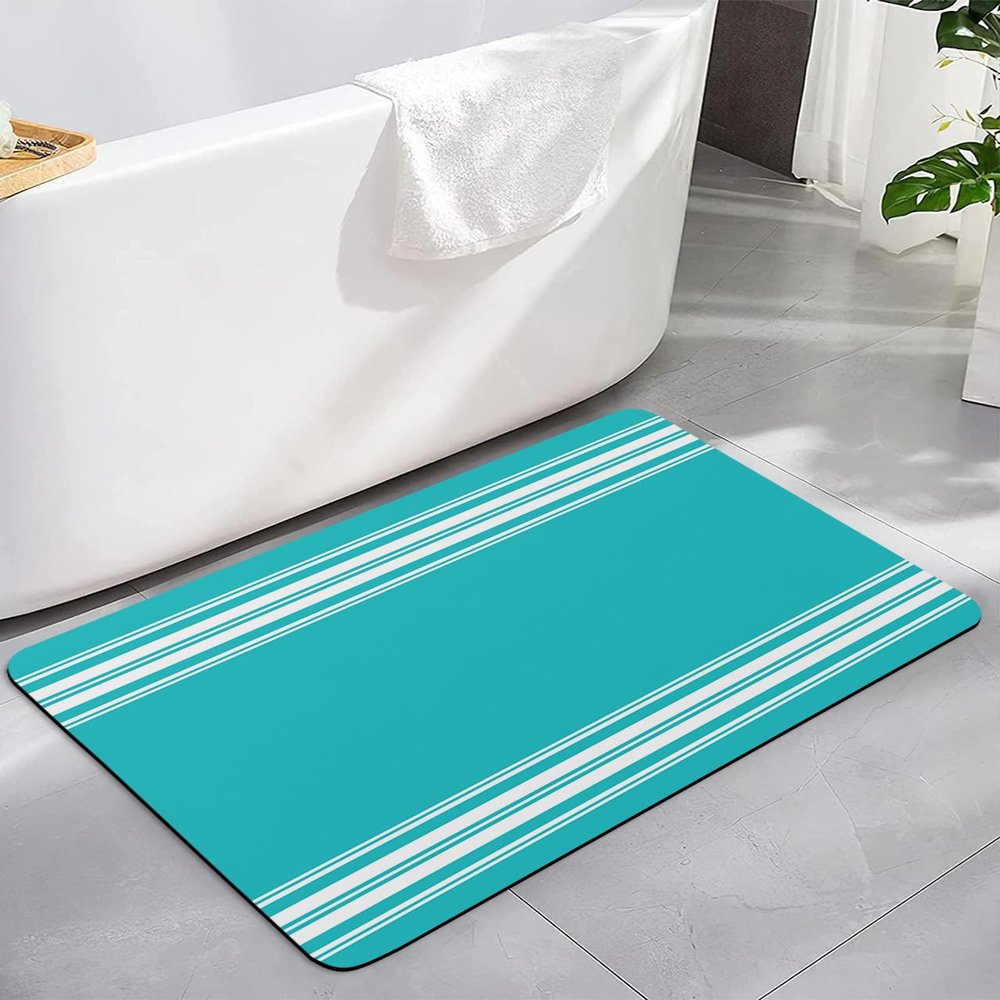 Geometric Turquoise Bath Mat for Tub,Non Slip Bathroom Floor Runner Rug Quick Dry & Absorbent Diatomaceous Earth Kitchen Room Shower Sink Washable Doormat,Abstract Country Rustic White Stripes 24"x36"