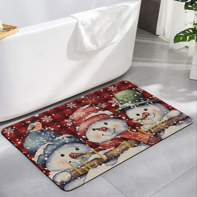 Christmas Winter Bath Mat for Tub,Non Slip Bathroom Floor Runner Rug Quick Dry & Absorbent Diatomaceous Earth Shower Sink Kitchen Living Room Washable Doormat,Snowflake Snowman Plaid Red 20"x32"