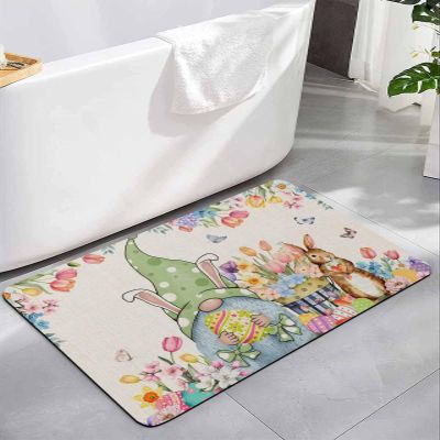 Easter Bath Mat for Tub,Non Slip Bathroom Floor Runner Rug Quick Dry & Absorbent Diatomaceous Earth Shower Sink Kitchen Living Room Washable Doormat,Spring Flowers Colorful Egg Bunny Gnomes 16"x24"