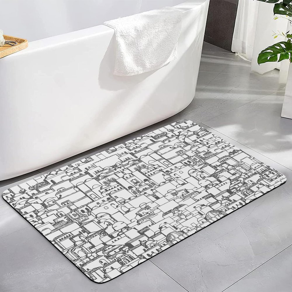Black Gray Bath Mat for Tub,Non Slip Bathroom Floor Runner Rug Quick Dry & Absorbent Diatomaceous Earth Kitchen Room Shower Sink Washable Doormat,Retro City Castle Cartoon Modern Building 16"x24"