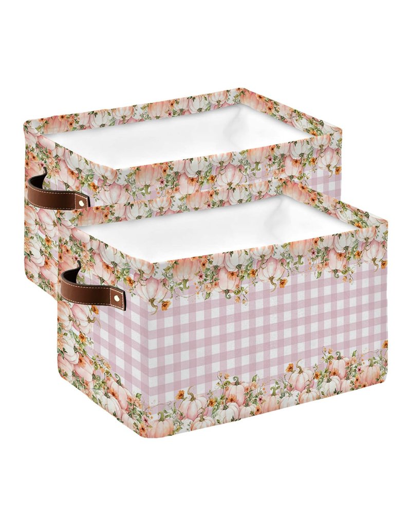 Fall Thanksgiving Large Storage Baskets Bins Pink Pumpkin Flower Leaves Country Plaid Collapsible Storage Box Laundry Organizer for Closet Shelf Nursery Kids Bedroom 15x11x9.5 2 Pack