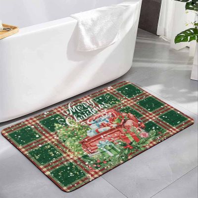 Christmas Bath Mat for Tub,Non Slip Bathroom Floor Runner Rug Quick Dry & Absorbent Diatomaceous Earth Kitchen Room Shower Sink Washable Doormat,Winter Snowflake Red Car Pine Retro Plaid 20"x32"