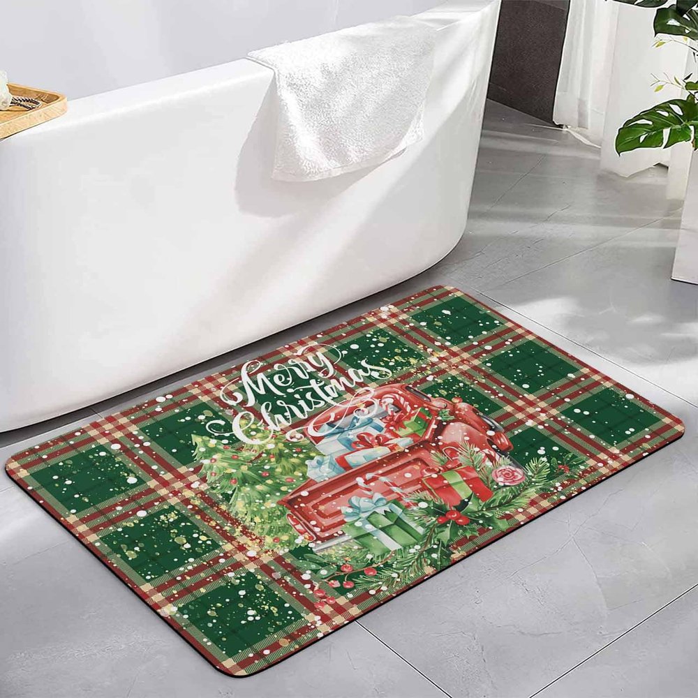Christmas Bath Mat for Tub,Non Slip Bathroom Floor Runner Rug Quick Dry & Absorbent Diatomaceous Earth Kitchen Room Shower Sink Washable Doormat,Winter Snowflake Red Car Pine Retro Plaid 20"x32"