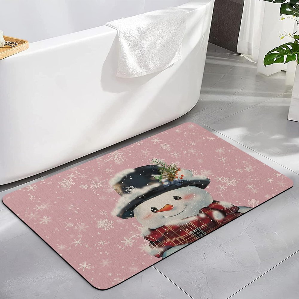 Christmas Snowman Bath Mat for Tub,Non Slip Bathroom Floor Runner Rug Quick Dry & Absorbent Diatomaceous Earth Shower Sink Kitchen Living Room Washable Doormat,Rustic Blush Pink Snowflake 18"x30"