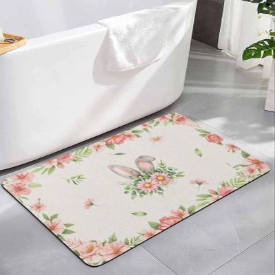 Easter Bunny Ears Bath Mat for Tub,Non Slip Bathroom Floor Runner Rug Quick Dry & Absorbent Diatomaceous Earth Shower Sink Kitchen Living Room Washable Doormat,Spring Watercolor Flowers 18"x30"