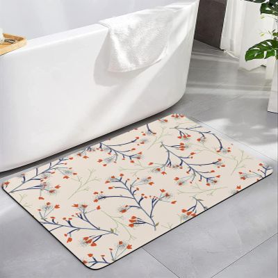 Fall Plant Flower Bath Mat for Tub,Non Slip Bathroom Floor Runner Rug Quick Dry & Absorbent Diatomaceous Earth Kitchen Shower Sink Washable Doormat,Vintage Fantasy Botanical Blue Red Cream 18"x30"